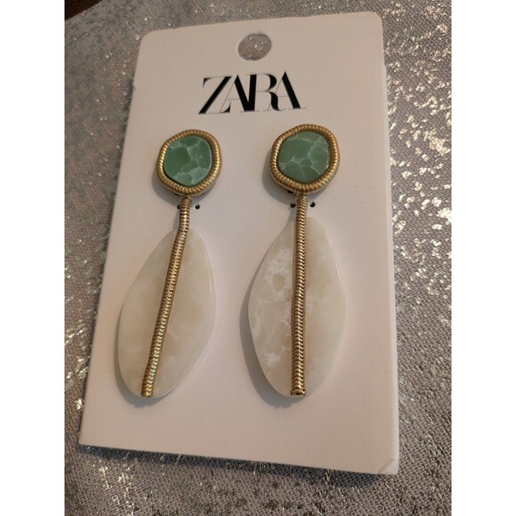 ZARA Double Stone Earrings Green Cream Gold Retro Teardrop Dangle Drop Glam NEW - Picture 6 of 9